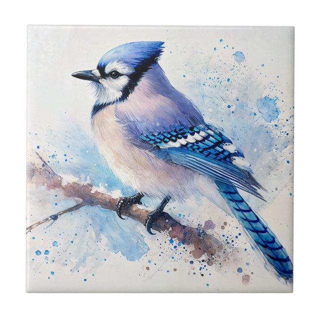 Blue Jay Watercolor Art Ceramic Tile (Front)