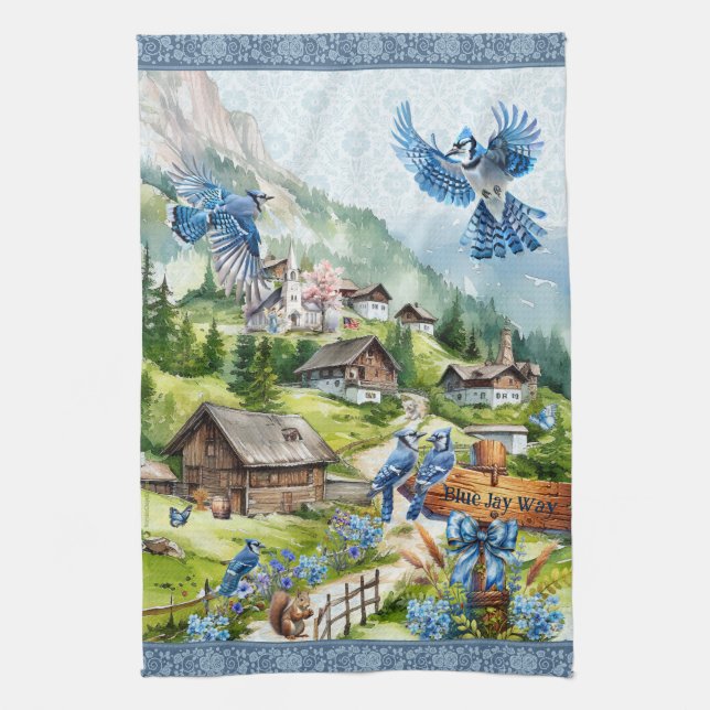 Blue Jay Way Bluejays in Heavenly Mountain Village Kitchen Towel (Vertical)