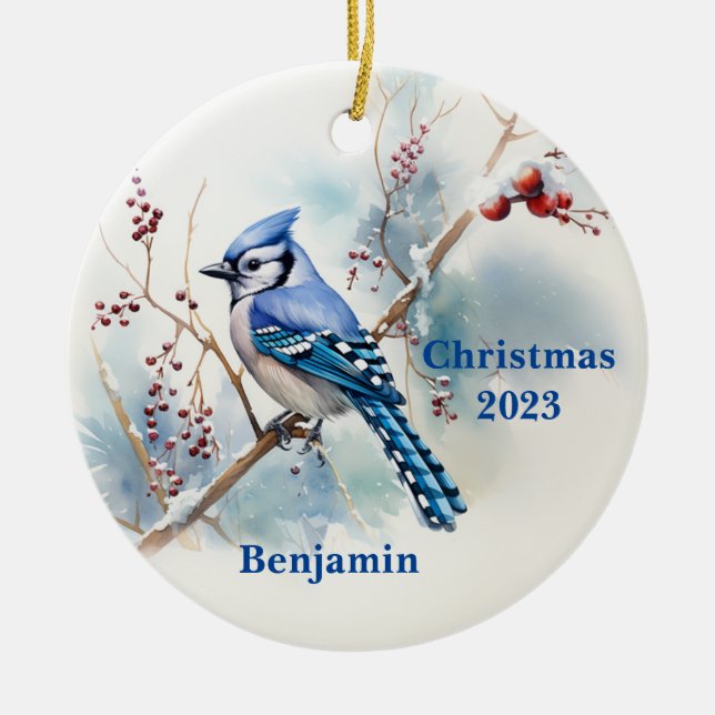 Blue Jay Winter Christmas Holiday Ornament (Front)