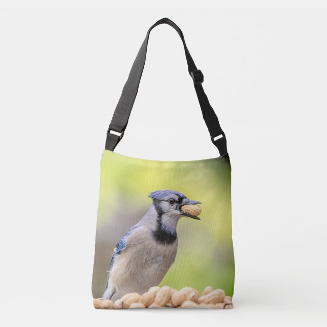 Blue jay with a peanut crossbody bag (Front)