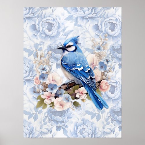 Blue Jay with Cornflower Blue  Blush Pink Floral  Poster