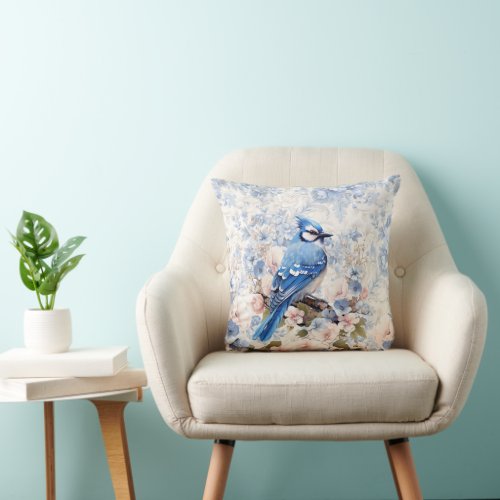 Blue Jay with Cornflower Blue  Blush Pink Floral Throw Pillow