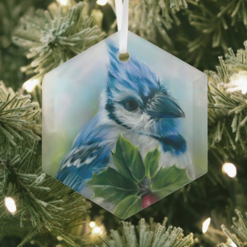 Blue Jay with Holly Pastel Art Glass Ornament