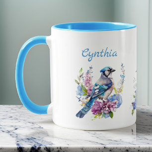 Blue Jays and Pretty Summer Flowers Monogram Name Mug