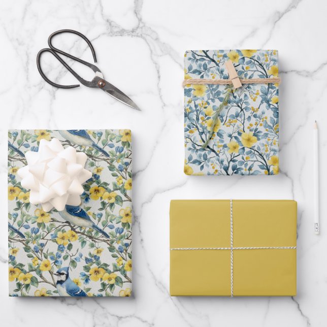 Blue Jays Bird Branches and Blossoms Wrapping Paper Sheets (Front)