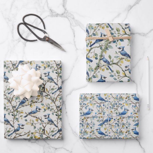 Blue Jays Bird Branches and Blossoms Wrapping Paper Sheets (Front)