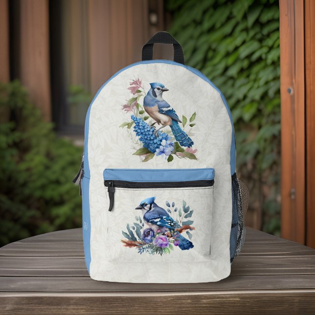 Blue Jays Flowers and Optional Monogram Initials Printed Backpack (Creator Uploaded)