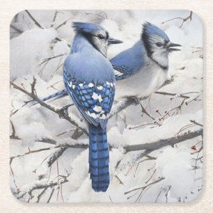 Blue Jays in a Snow Filled Tree Square Paper Coaster