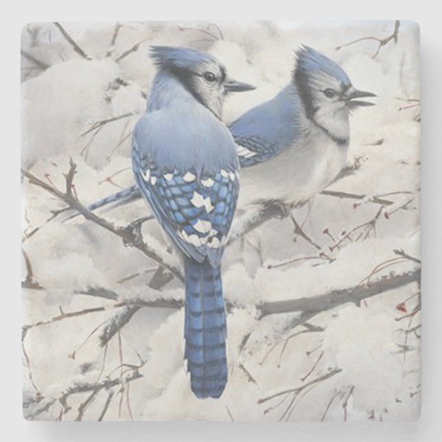 Blue Jays in a Snow Filled Tree Stone Coaster (Front)