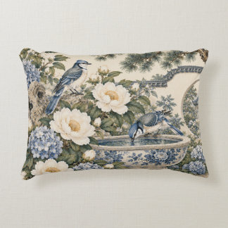 Blue Jays & Porcelain Birdbath Accent Pillow