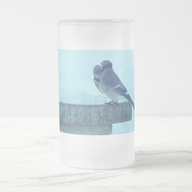 Blue Jays Winter Feeding Painterly Frosted Glass B Frosted Glass Beer Mug (Center)