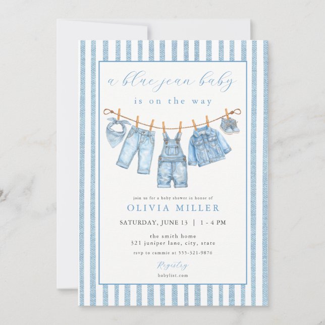 Blue Jean Baby Baby Shower Clothesline Denim Invitation (Front)