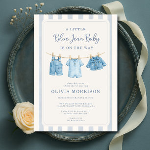 Blue Jean Baby Boy Stripes Baby Shower Invitation