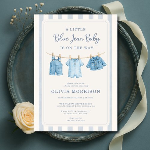 Blue Jean Baby Boy Stripes Baby Shower Invitation