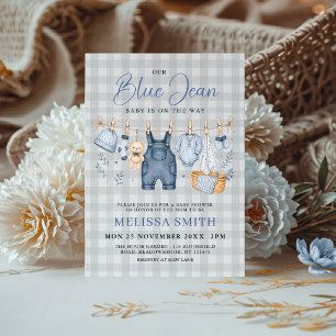 Blue Jean Baby Checkered Gingham Denim Shower Invitation