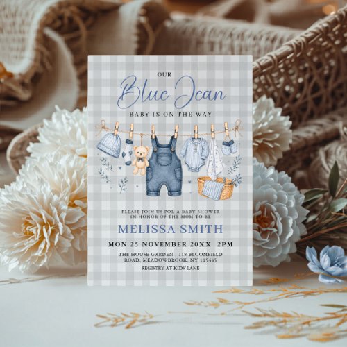 Blue Jean Baby Checkered Gingham Denim Shower Invitation