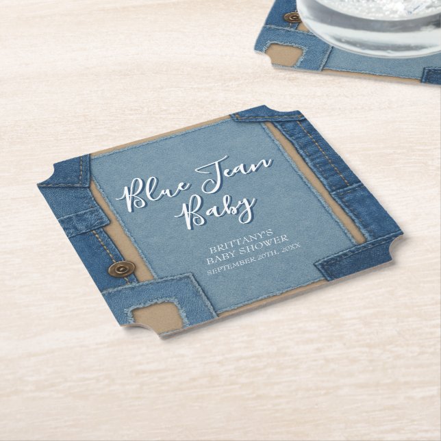 Blue Jean Baby Denim Baby Shower Paper Coaster (Angled)