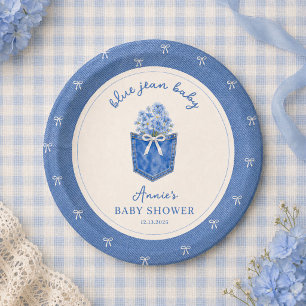 Blue Jean Baby Denim White Bow Baby Shower Paper Plates