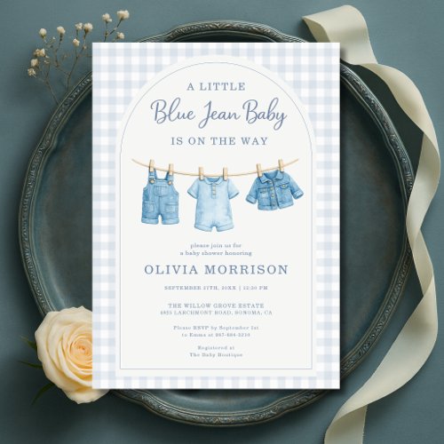 Blue Jean Baby Blue Gingham or plaid baby shower invitation