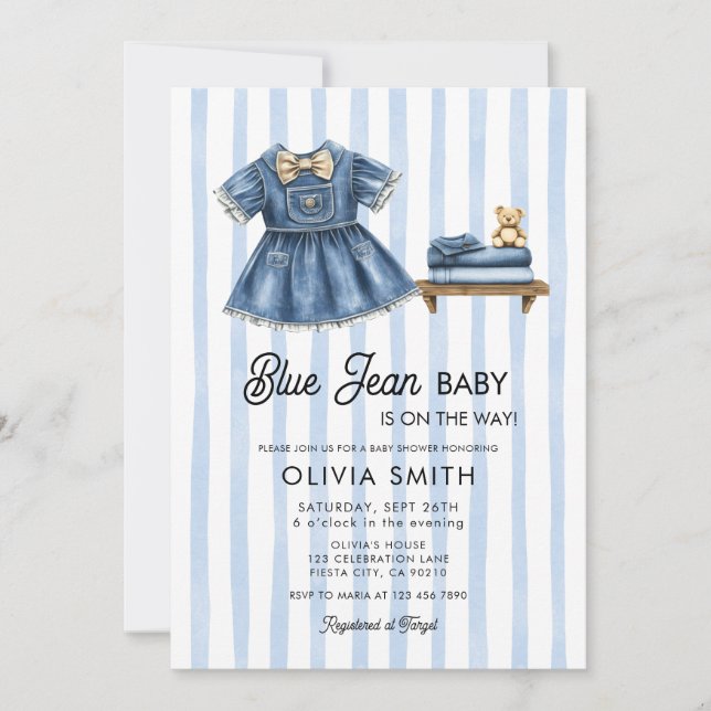 Blue Jean Baby Girl Denim Baby Shower Invitation (Front)