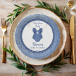 Blue jean baby girls baby shower personalized paper plates<br><div class="desc">Blue jean girls clothes on a line baby shower personalized paper plates template, jeans girl baby shower monogrammed paper plates, cute baby clothes on a line baby shower personalized table decor , simple modern baby shower printed paper plates, baby shower table decor, denim baby girl baby shower personalized paper plates,...</div>