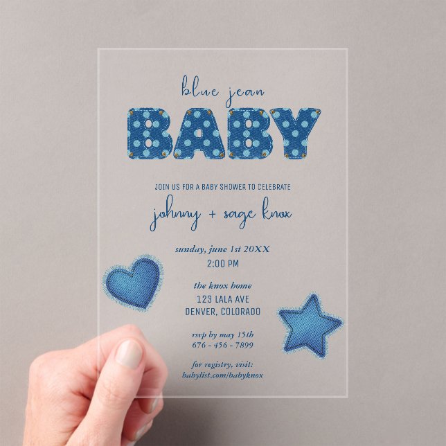 Blue Jean Baby | Modern Baby Shower | Patchwork Acrylic Invitations (Insitu (Handheld))