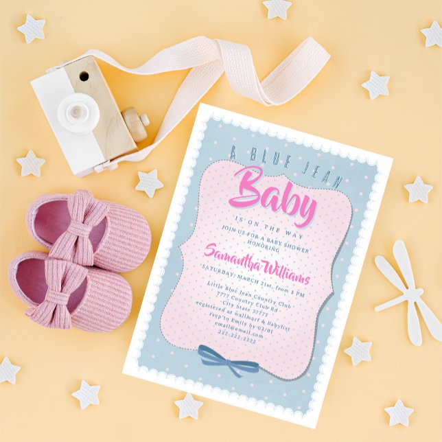 Blue Jean Baby Pink Cute Denim Girl Baby Shower Invitation (Blue Jean Baby Pink Cute Denim Blue & Pink Western Country Polka Dots Girl Baby Shower Invitation)