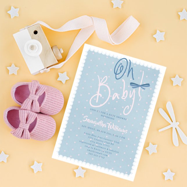 Blue Jean Baby Pink Dots Denim Girl Baby Shower Invitation (Blue Jean Oh Baby Pink Polka Dots Denim Coquette Bow Western Country Girl Baby Shower Invitation)
