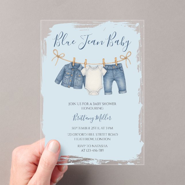 Blue Jean Baby Shower Baby Outfit  Acrylic Invitations (Insitu (Handheld))