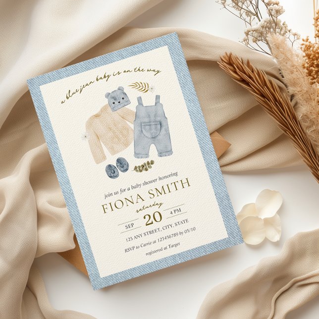 Blue Jean Baby Shower Denim Boy Clothes Invitation (A blue jean baby Denim Boy Baby Shower Invitation Boho Country Vintage Western Little Cowboy)