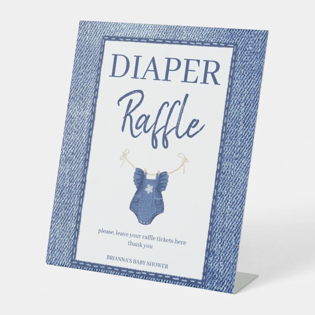 Blue jean baby shower for girl diaper raffle pedestal sign (Front)