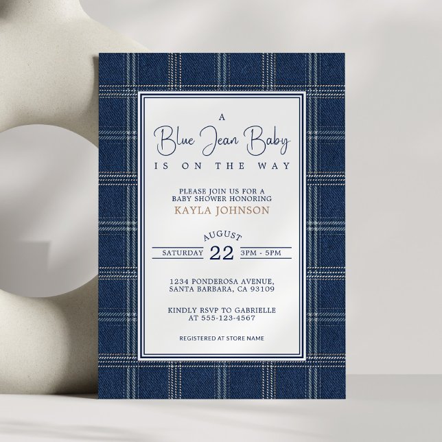 Blue Jean Baby Shower Preppy Plaid Script Invitation (Creator Uploaded)