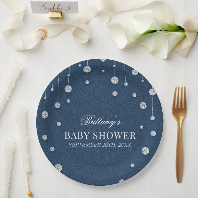 Blue Jean Denim and Diamond Baby Shower Paper Plates (Wedding)