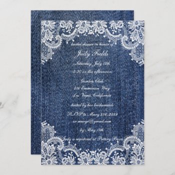 Blue Jean Denim And Lace Bridal Shower Invitation by atteestude at Zazzle