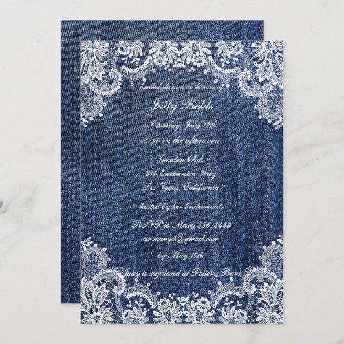 Blue Jean Denim And Lace Bridal Shower Invitation