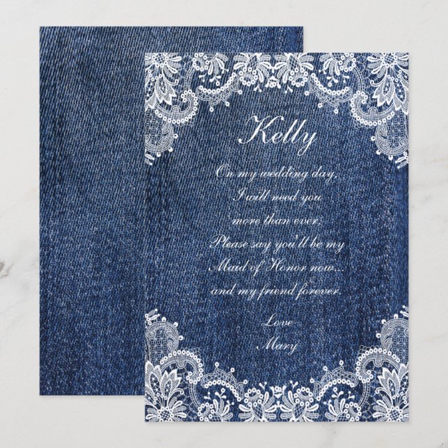 Blue Jean Denim And Lace Maid Of Honor Invitation (Front/Back)