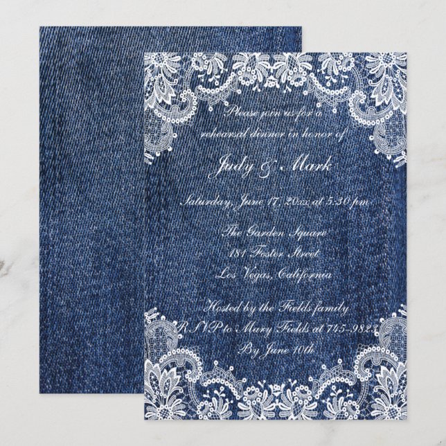 Blue Jean Denim And Lace Rehearsal Dinner Invitation (Front/Back)