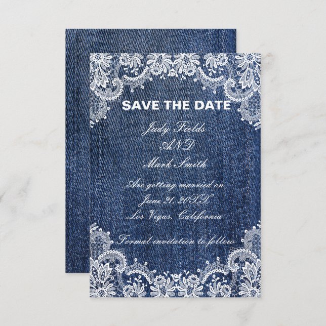 Blue Jean Denim And Lace Save The Date Announcement (Front/Back)