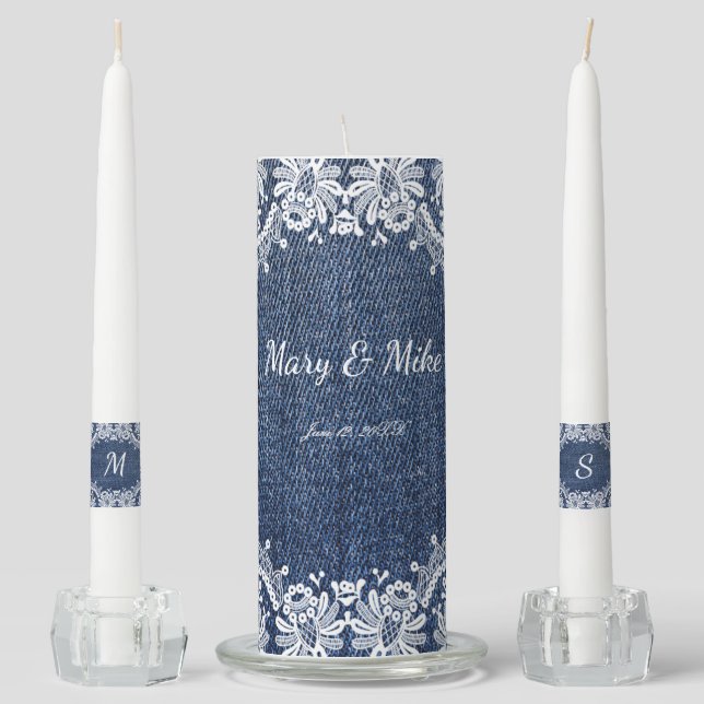 Blue Jean Denim And Lace Unity Candle Set (Front)