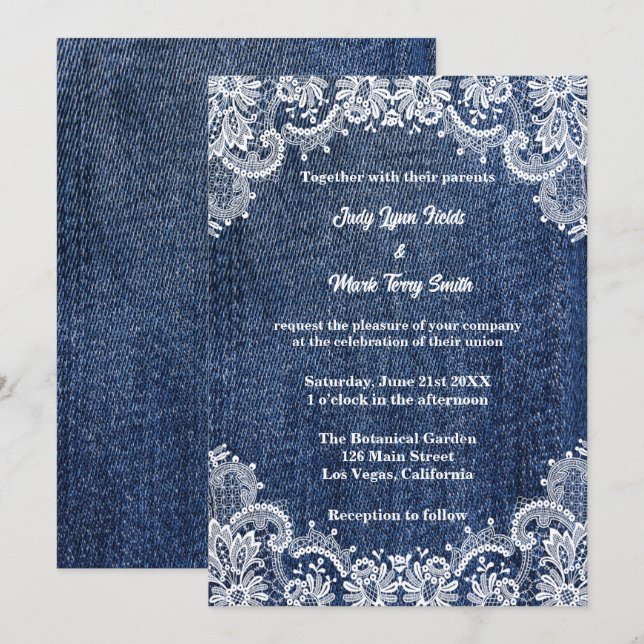 Blue Jean Denim And Lace Wedding Invitation (Front/Back)