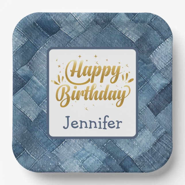 Blue Jean Denim Birthday Paper Plate (Front)
