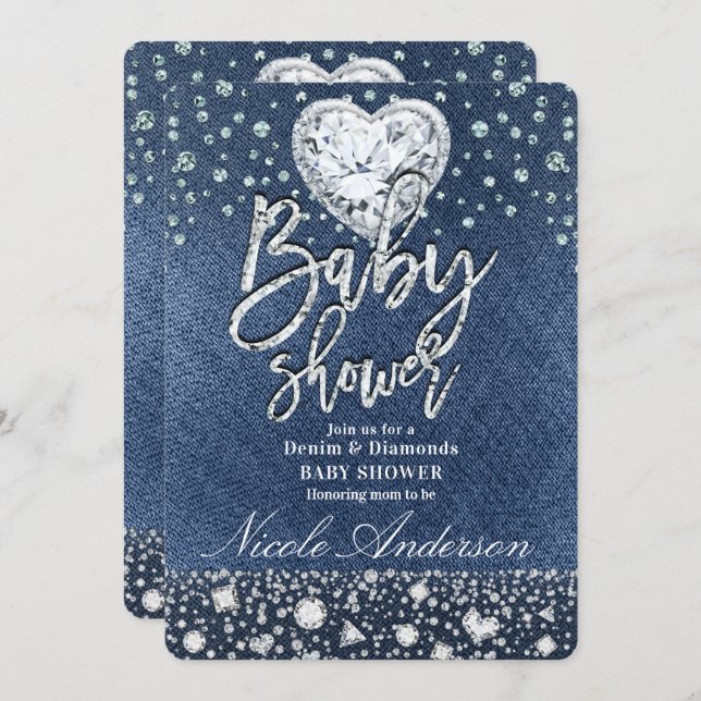 Blue Jean Denim & Bling Diamonds Baby Shower Invitation (Front/Back)