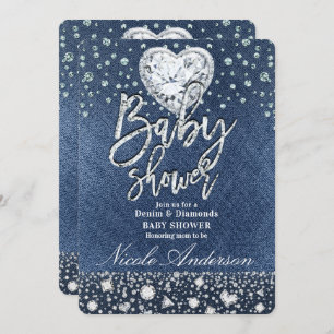Blue Jean Denim & Bling Diamonds Baby Shower Invitation