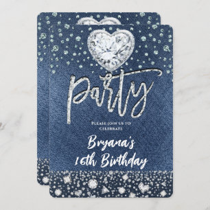 Blue Jean Denim & Bling Diamonds Birthday Party Invitation