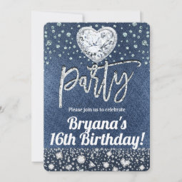 Blue Jean Denim & Bling Diamonds Birthday Party Invitation | Zazzle