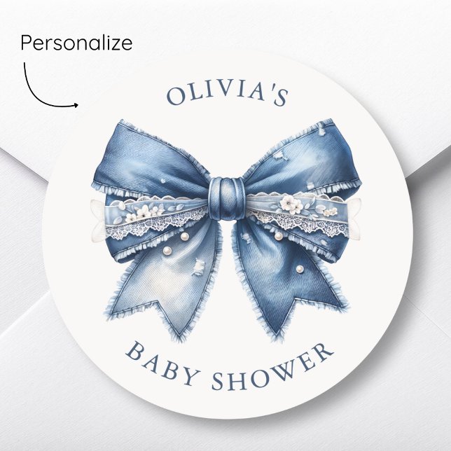 Blue Jean Denim Bow Baby Shower  Classic Round Sticker (Creator Uploaded)
