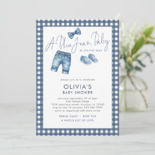 Blue Jean Denim Boy Gingham Baby Shower  Invitation