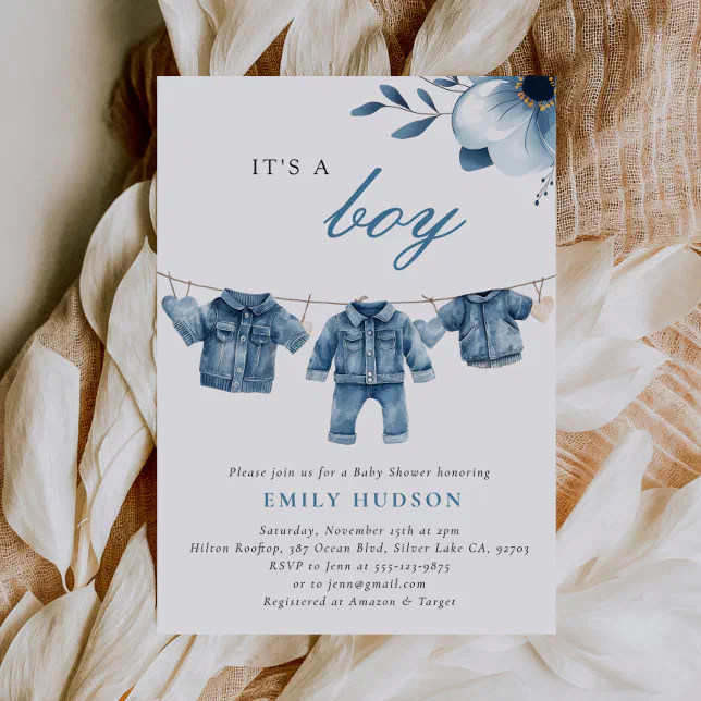 Blue Jean Denim Clothes Boy Baby Shower Invitation | Zazzle