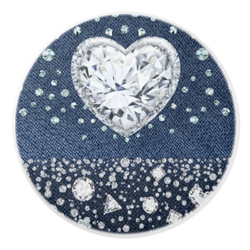 Blue Jean Denim  Diamonds Bling Diamond Heart Ceramic Knob