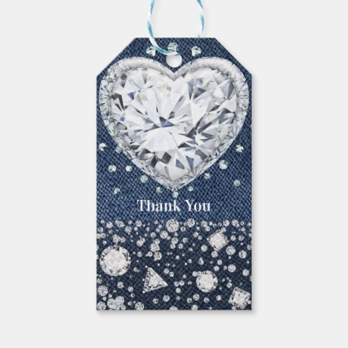 Blue Jean Denim  Diamonds Bling Diamond Heart Gift Tags